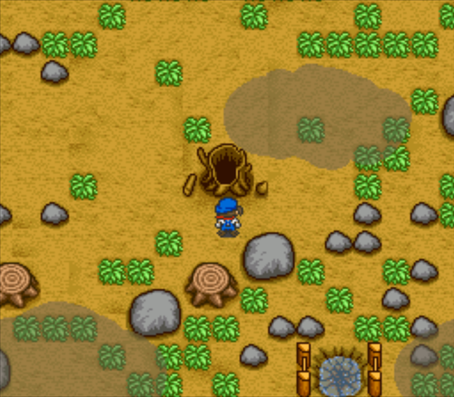 Entrance to Harvest Sprites' cave via hollowed-out tree